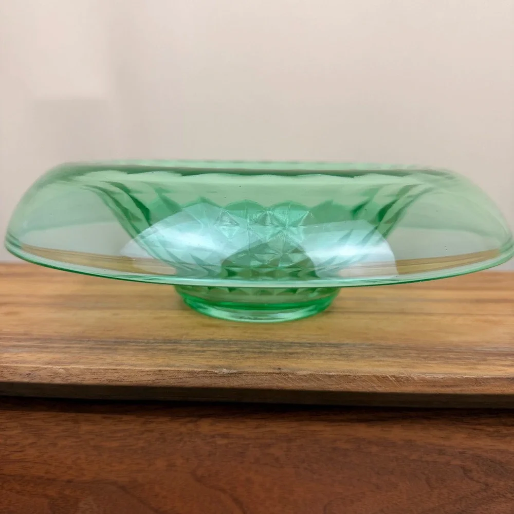Imperial Glass Flat Diamond Green Uranium Glass Console Bowl Rolled Rim Vintage